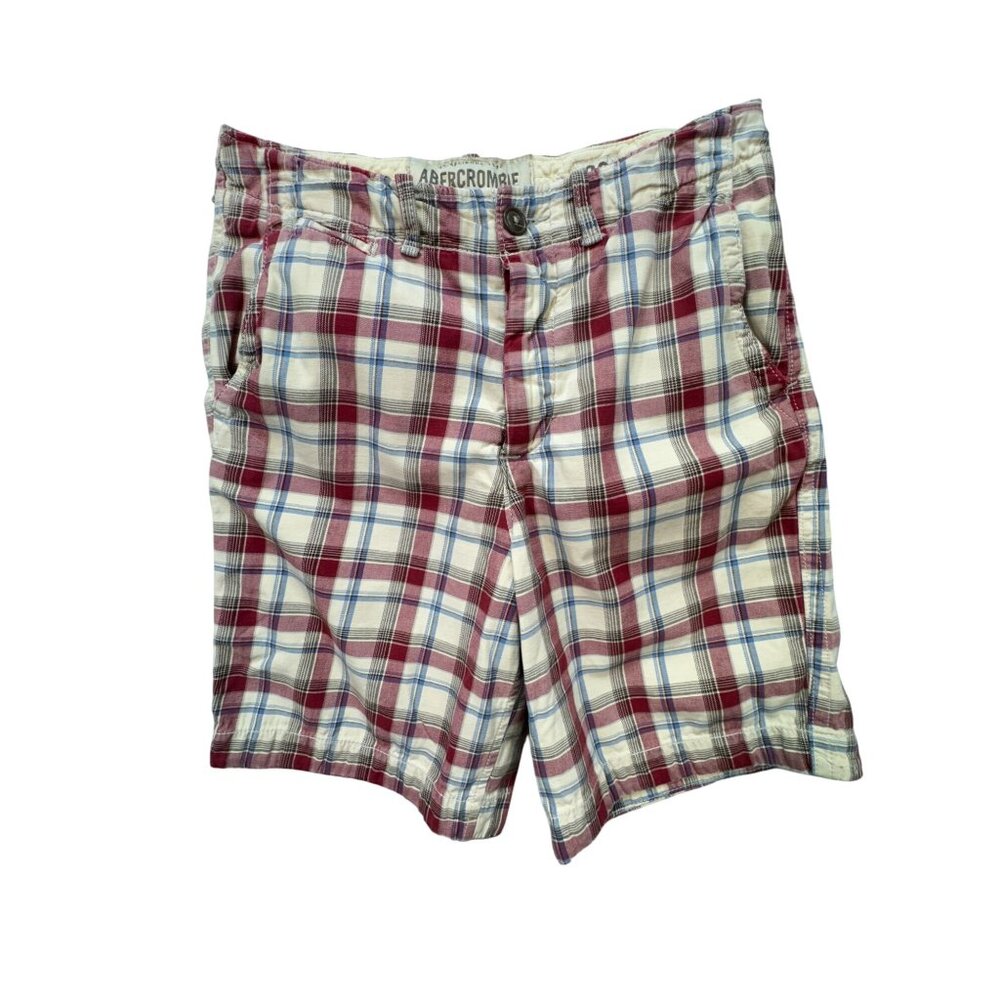 Abercrombie & Fitch Mens Plaid Khaki Shorts Sze 30 Red With Adjustable Waist Tie